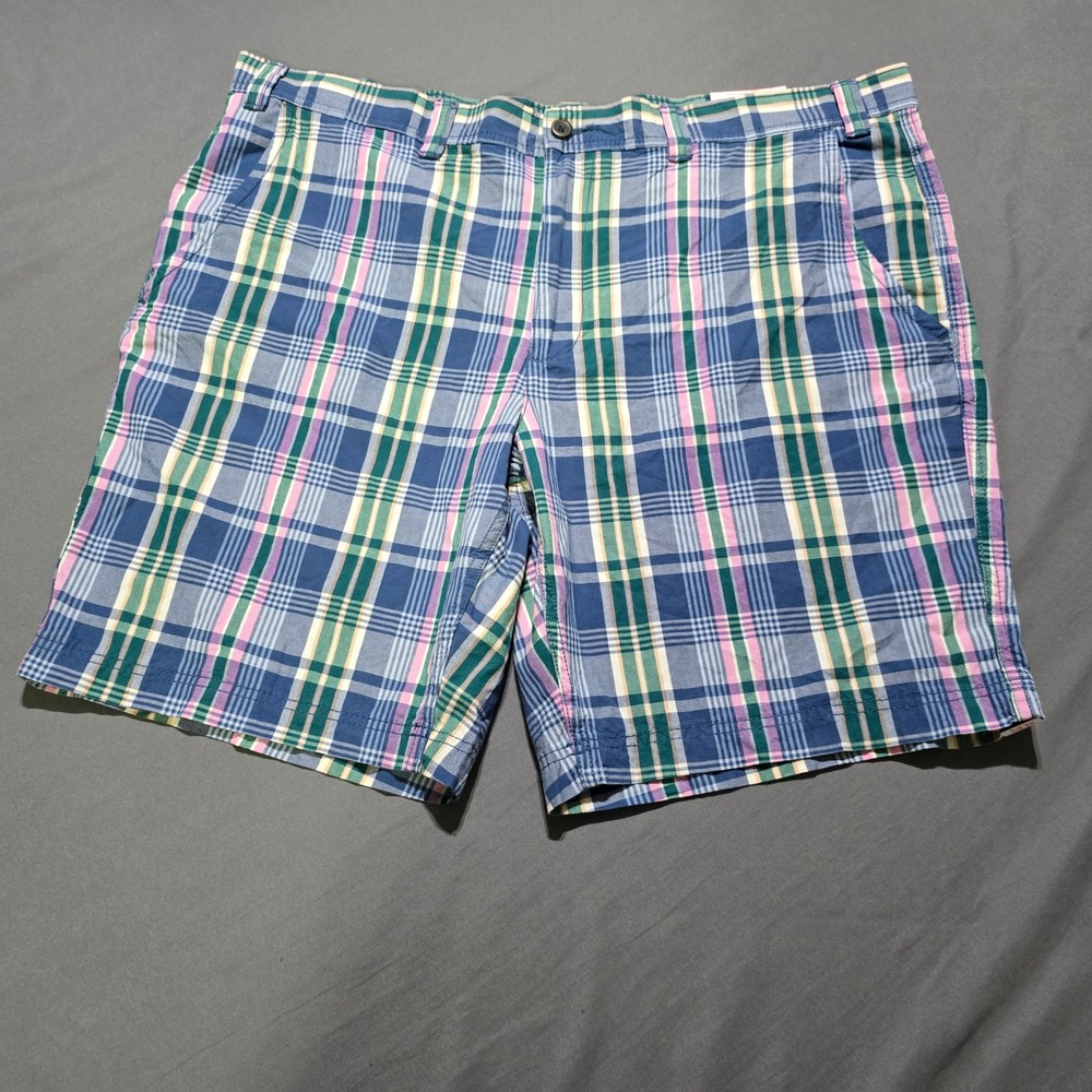 St Johns Bay Shorts Mens 48 Big Navy Madras Plaid Flat Front 10in Cotton NEW